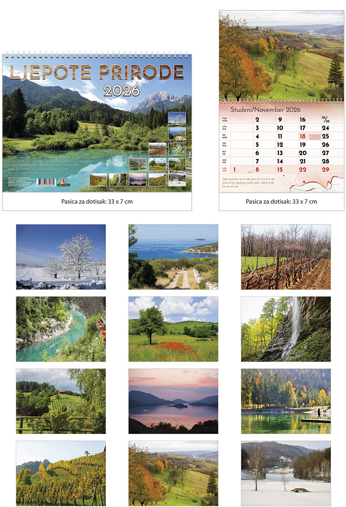 203094-EC Kalendar LJEPOTE PRIRODE 13L 33x48+7 spirala u sred., s vrećicom P50 JANP 2026