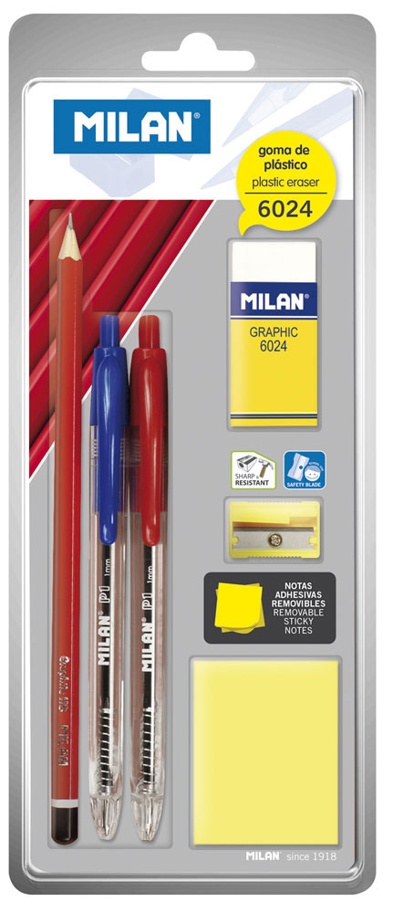 209390-EC Set MILAN gumica 6024+šiljilo+post it+ol.graf+ol.kem na blisteru P25