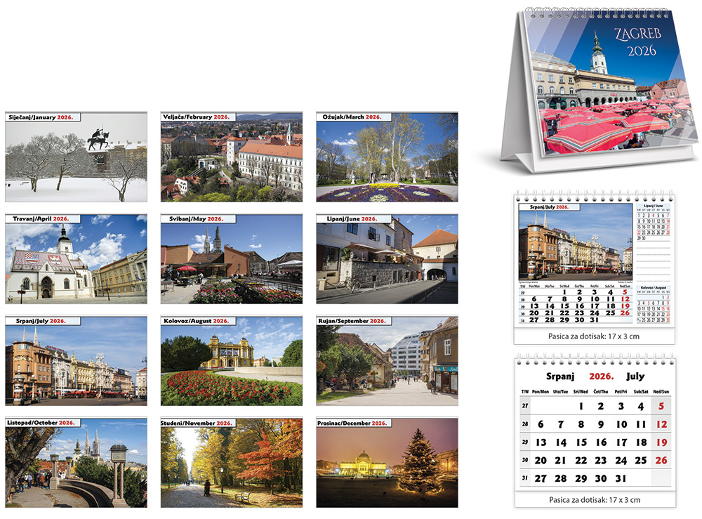 212512-EC Kalendar stolni ZAGREB 13L 17x14+3 spirala P100 JANP 2026