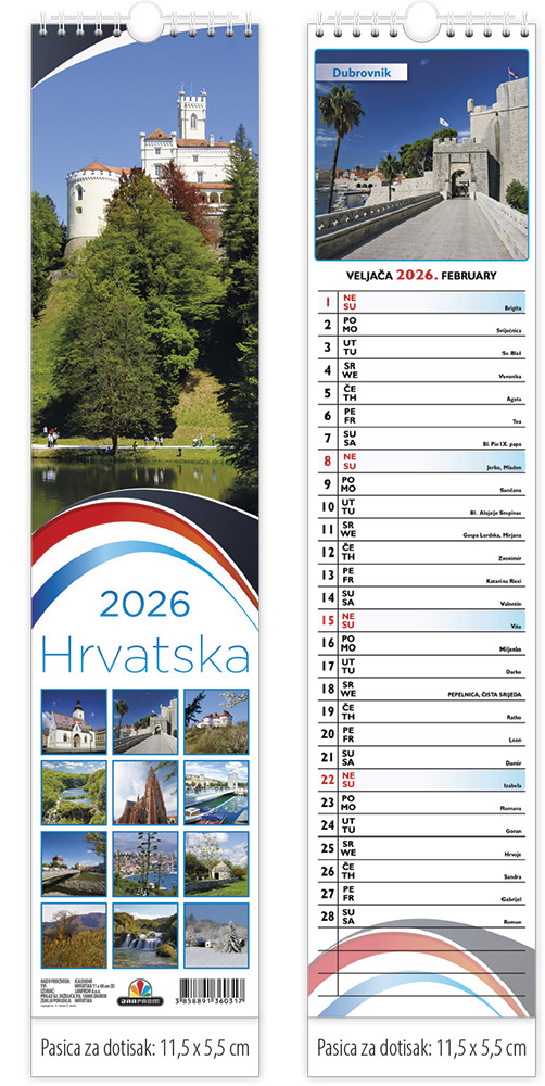 219279-EC Kalendar HRVATSKA 13L dugi 11x48+5,5 s vrećicom P50 JANP 2026