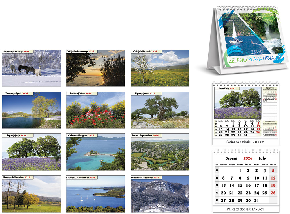 221360-EC Kalendar stolni ZELENO-PLAVA HRVATSKA 13L 17x14+3 spirala P100 JANP 2026