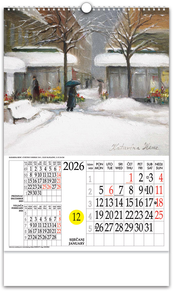222911-EC Kalendar KATARINA HENC: ZAGREB 13L, 33x48+7 s rot.krugom P25 NP 2026