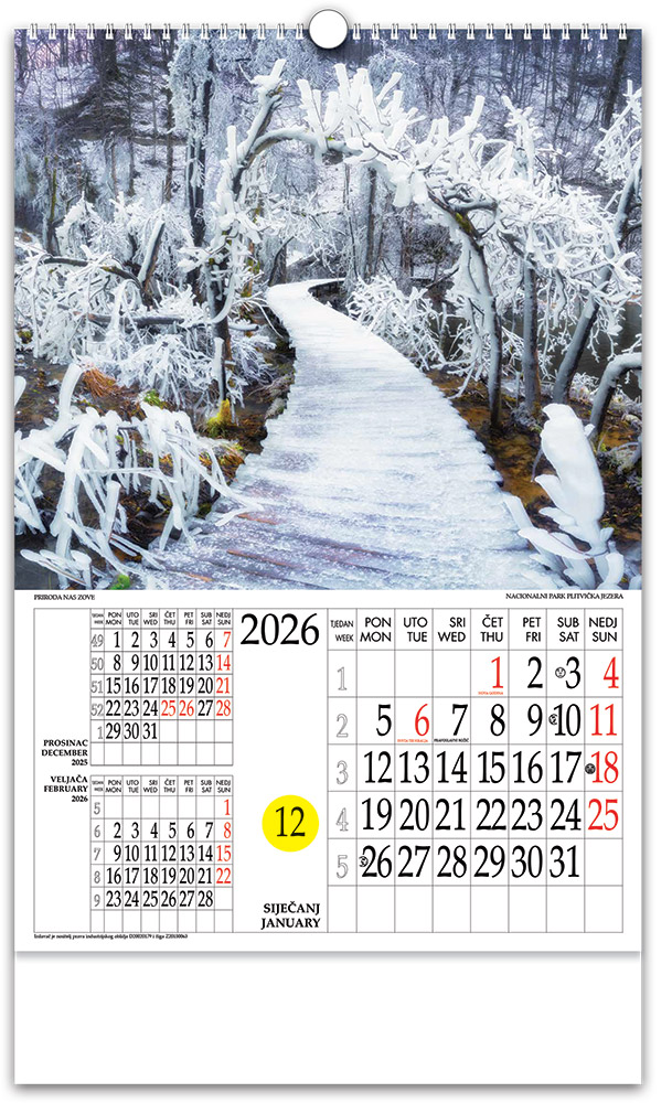 228778-EC Kalendar PRIRODA NAS ZOVE 13L, 33x48+7 s rot.krugom, vrećica P25 NP 2026
