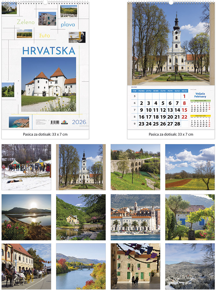 236514-EC Kalendar ZELENO-ŽUTO-PLAVA HRVATSKA 13L 33X48+7, spirala, vrećica P25 JANP 2026