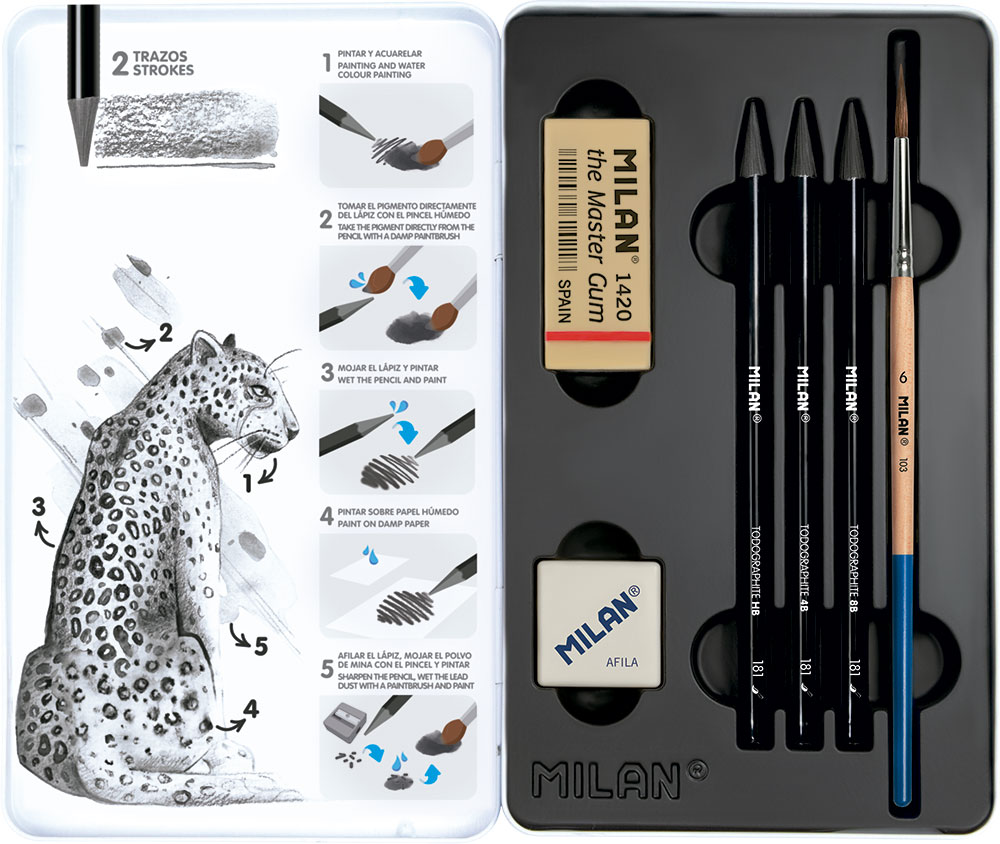 241051-EC Set crtaći  MILAN Todographite met.kut: ol.graf.HB 4B 8B+kist+gum+šilljiloP12/48