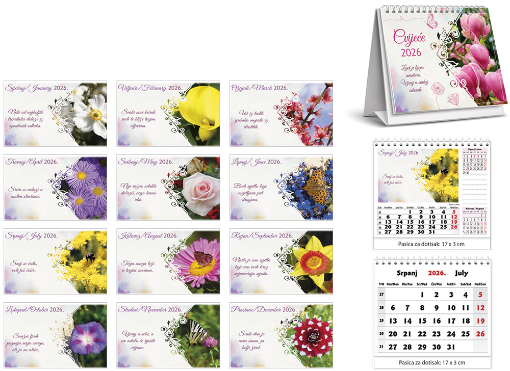 242232-EC Kalendar stolni CVIJEĆE 13L 17x14+3 spirala P100 JANP 2025