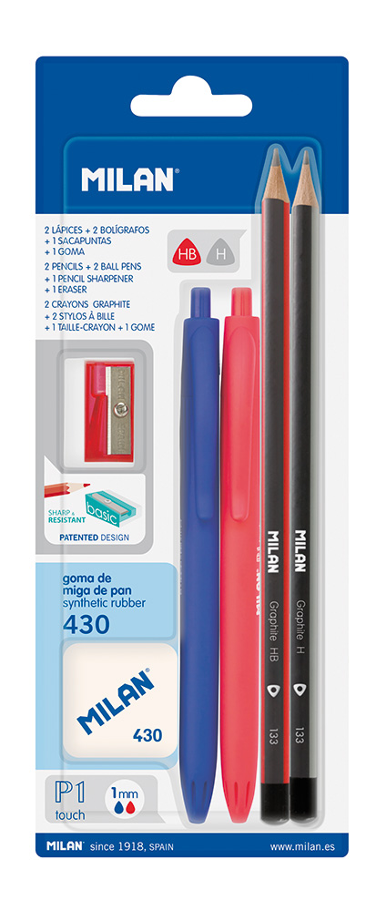243147-EC Set MILAN ol.grafX2:HB/H+crvena i plava ol.kem+šiljilo+gumica 430 blister P25