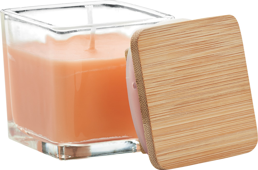 245013-EC Svijeća mirisna Pila u staklu s bambus poklopcem, naranča